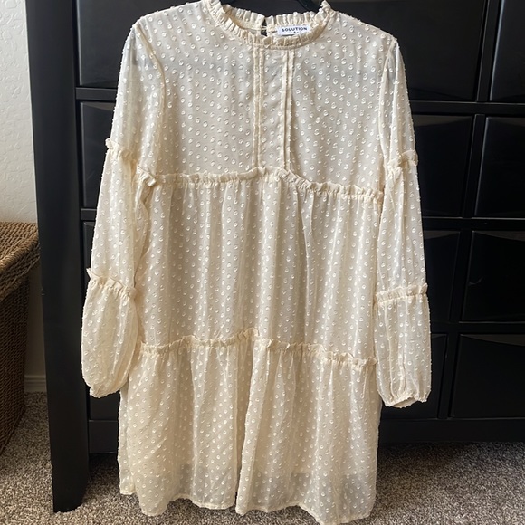 SOLUTION Cream off white Swiss Dot Babydoll Dress long sleeve ruffled edges Sz S - Picture 3 of 14